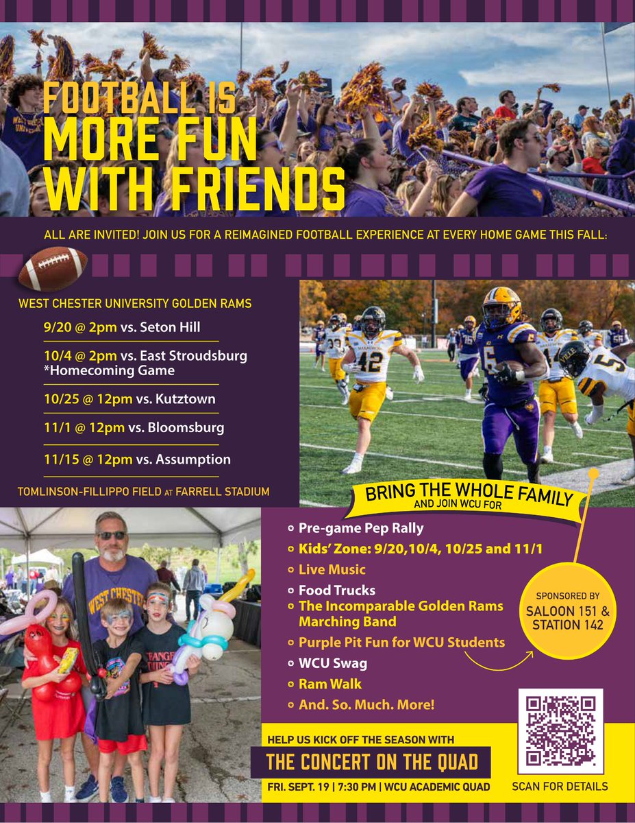 West Chester University (@wcuofpa) on Twitter photo 🏈Football Saturdays - Reimagined at WCU! 🏈
🐏New activities
📣New events
💜New traditions
Mark your calendar and come to a WCU Football Game this fall:
wcupa.edu/communications…
#WCUfootball #WCUgameday <a href="/WCUAthletics/">West Chester Golden Rams</a> 🏈Football Saturdays - Reimagined at WCU! 🏈
🐏New activities
📣New events
💜New traditions
Mark your calendar and come to a WCU Football Game this fall:
wcupa.edu/communications…
#WCUfootball #WCUgameday <a href="/WCUAthletics/">West Chester Golden Rams</a>
