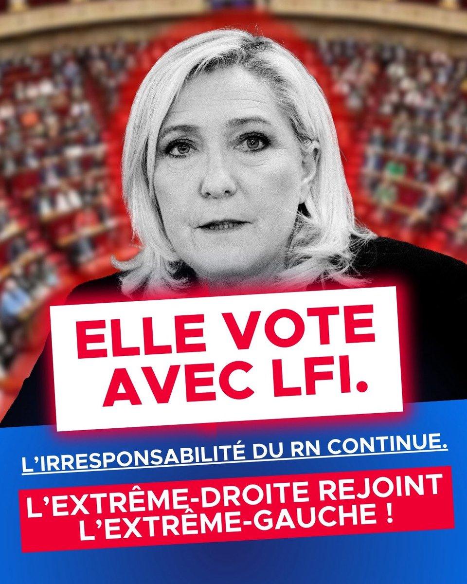 🚨 Le rouge-brun, complice du chaos. LFI et le RN, main dans la main contre la France.

— Deux extrêmes, une même dérive : trahir la République ! #DirectAn