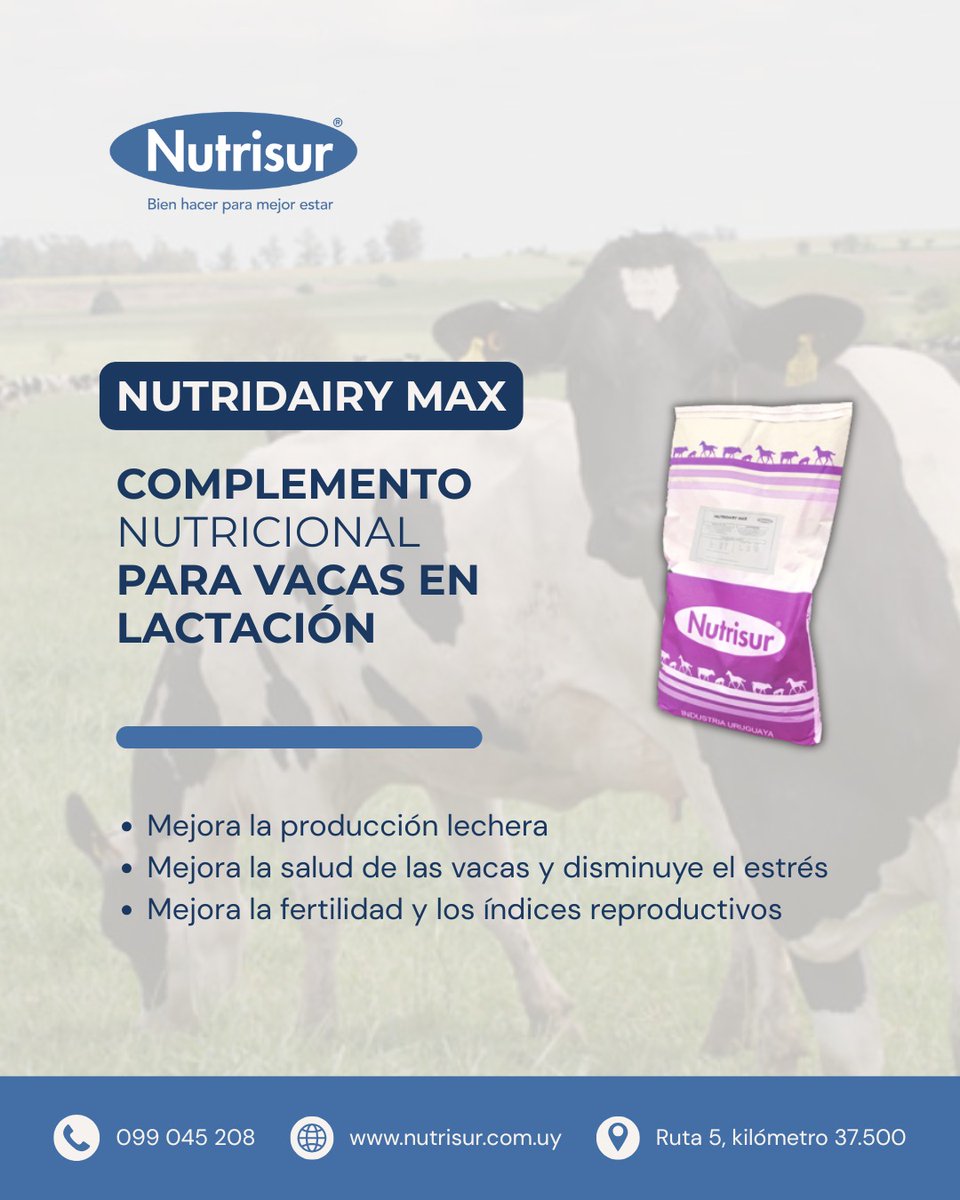 𝐍𝐮𝐭𝐫𝐢𝐝𝐚𝐢𝐫𝐲 𝐌𝐚𝐱 es un complemento nutricional ideal para vacas en lactación 🐄

Su fórmula con aditivos funcionales mejora la producción de leche, fortalece el sistema inmune y optimiza la digestión, asegurando un rodeo más saludable y productivo.