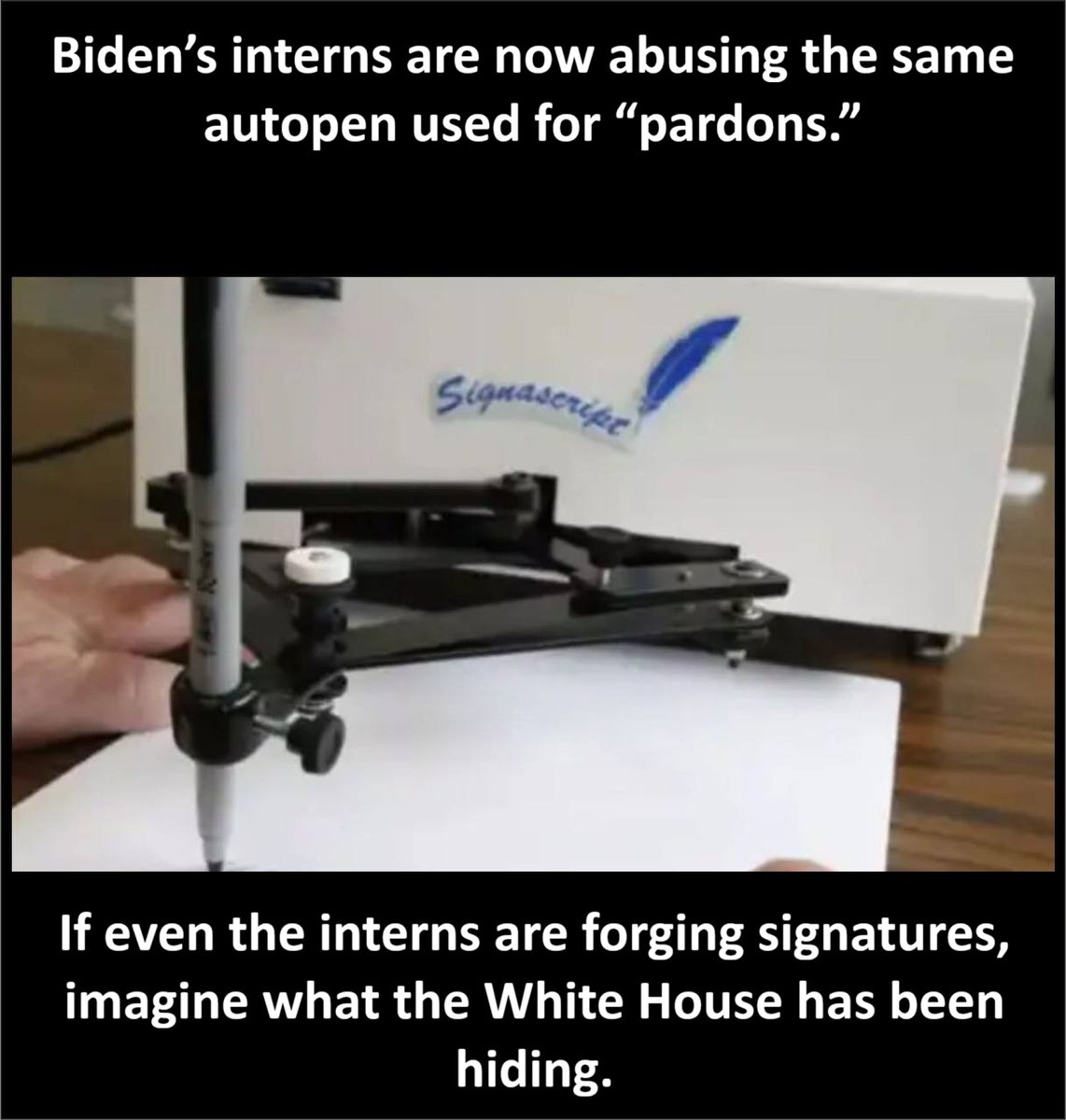 🚨 You can’t make this up. A Biden intern just got busted for illegally using the autopen to write her own Harvard recommendation letter.

She admitted: “It was easier to get the autopen password than the White House WiFi.” 🤯

First the fake pardons… now fake signatures for Ivy