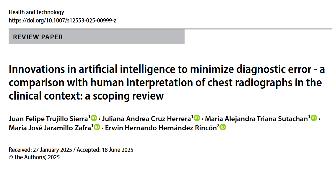 Innovations in artificial intelligence to minimize diagnostic error - a  comparison with human interpretation of chest radiographs in the  clinical context: a scoping review. Health Technol. (2025). link.springer.com/article/10.100…