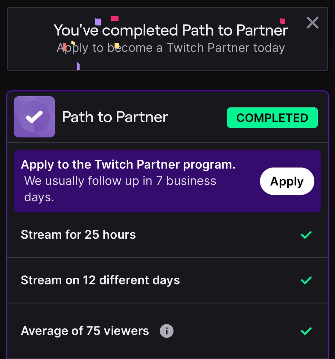 Update on the <a href="/Twitch/">Twitch</a> Partner Push

First 30 day period 75 ccv streams ☑️
Partner App Unlocked☑️
2nd 30 day period 75 ccv streams (WIP)

Thank you for being a part of this journey 😭
Still have a way to go but hoping to apply soon

We still have homies pushing. The Job isn’t over