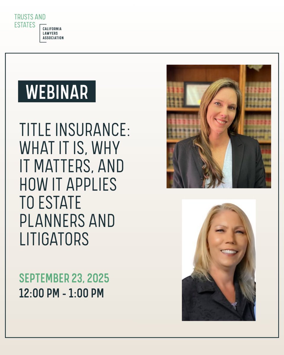 CLATrusts's tweet image. 🎤 Speaker Spotlight

Gwen Fields &amp;amp; Kimberly McGhee are leading our upcoming webinar on Title Insurance: What it is, Why it Matters, and How It Applies to Estate Planners and Litigators!

📅 September 23 | 12:00 PM

Register now: bit.ly/3UL8blG