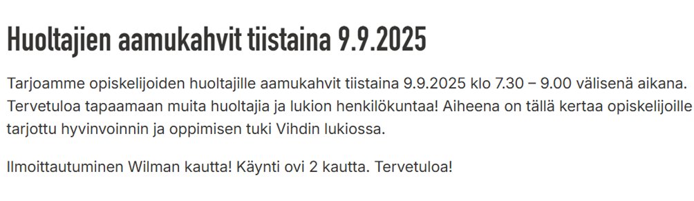 Mainio idea: Vihdin lukio otti syksyllä 2023 tavaksi järjestää kaksi kertaa vuodessa Huoltajien aamukahvit. Tämän aamun tilaisuus on siten järjestykseltään jo viides. #lukio #VihdinLukio <a href="/Noksatu/">Satu Nokelainen</a> <a href="/HaapanenMari/">Mari Haapanen</a> <a href="/Kj_Eerola/">Erkki Eerola</a> <a href="/VihdinKunta/">Vihdin kunta</a> vihti.fi/kasvatus-ja-ko…