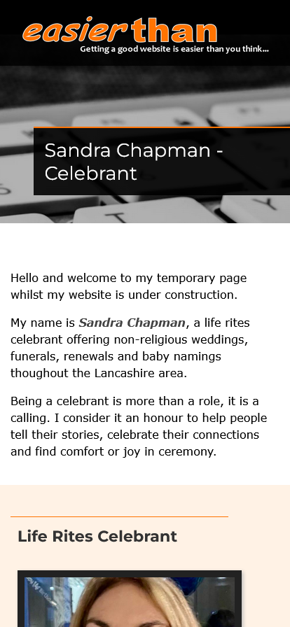 easierthanweb's tweet image. WEBSITE UNDERWAY

For Sandra Chapman, a life rites celebrant offering non-religious weddings, funerals, renewals and baby namings thoughout the #Lancashire area, including handfasting and pagan rites of passage.

#Preston #Blackpool #Lancaster #Chorley

sandra-chapman.co.uk