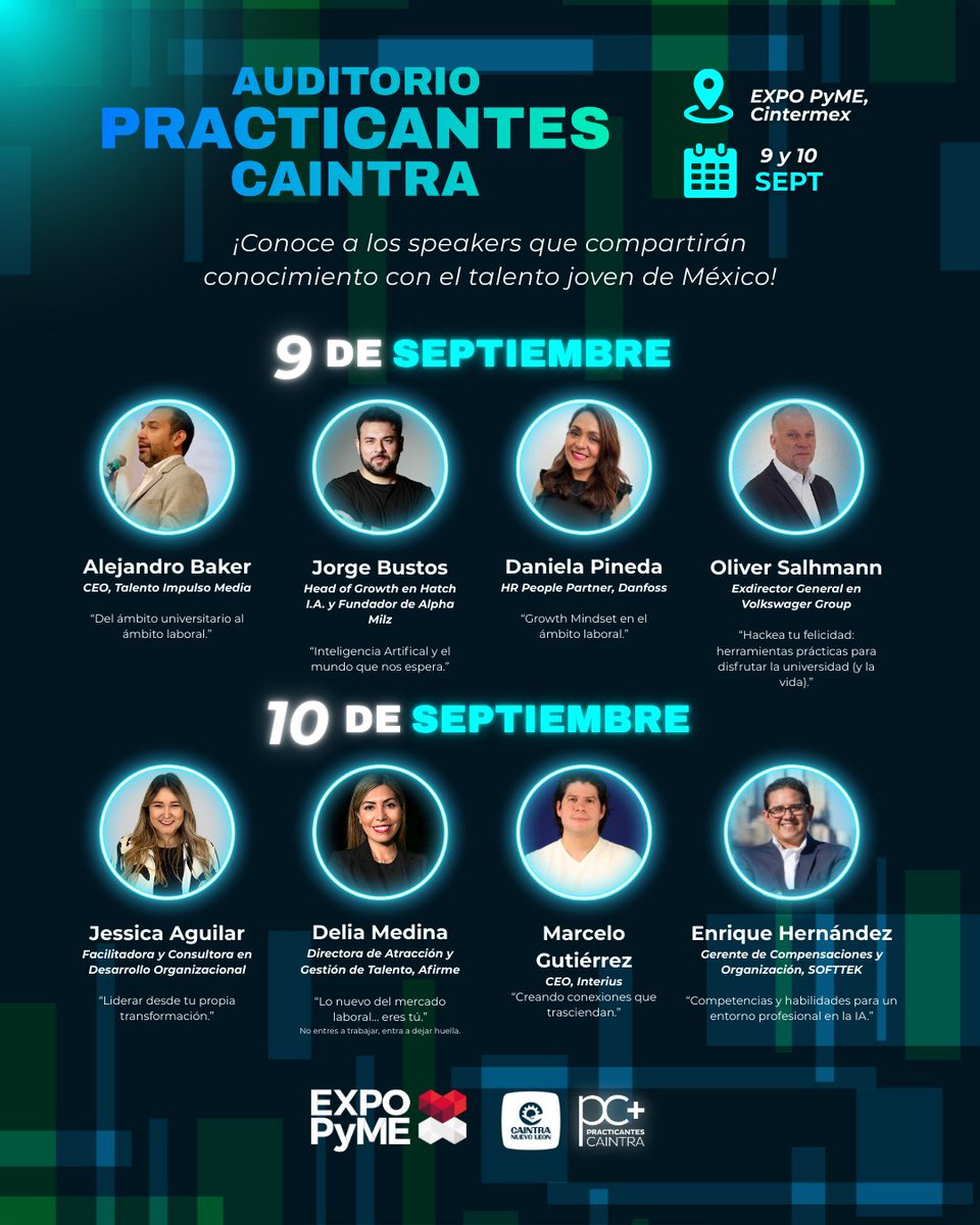 PCaintra's tweet photo. Estas son las fechas en las que los speakers invitados se presentarán ante los practicantes en nuestro Auditorio Practicantes CAINTRA 👩‍🎓👨‍🎓✨.

📌 Acceso solo para empresas y practicantes previamente registrados.

#ExpoPYME2025 #PracticantesCAINTRA #PYMESNL #CAINTRA #Practicantes https://t.co/aaR5gMmOhw