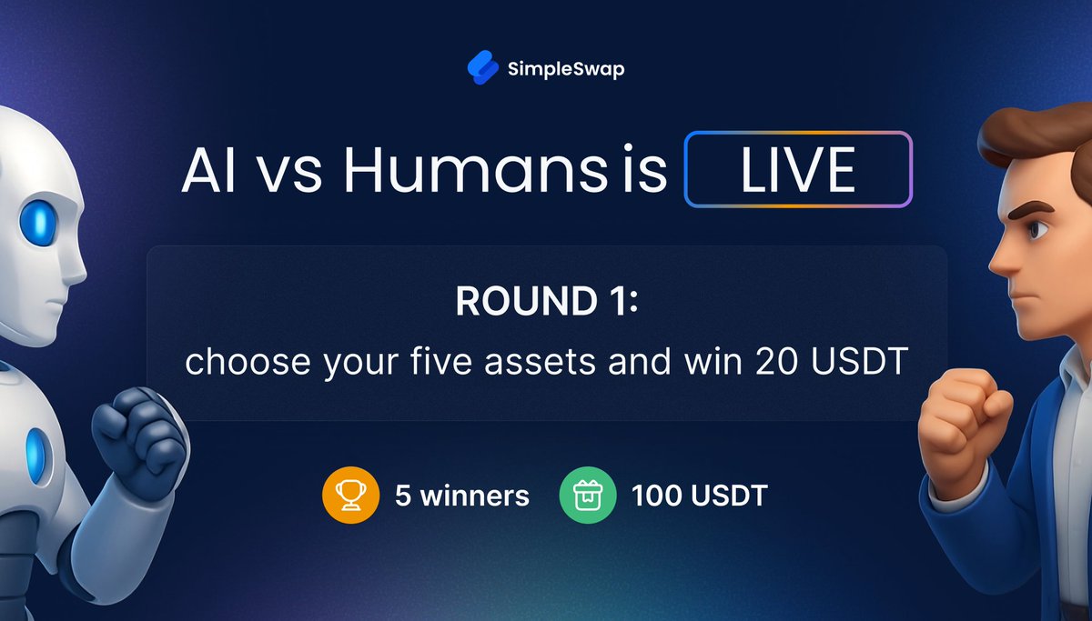🔥 Round 1 voting is OPEN!

This is your chance to decide what goes into the Community Portfolio – the one that’ll face off against the AI and the SimpleSwap experts.

🟢 Pick your favorite assets
📊 Shape the community strategy
💸 Don’t forget: 5 random participants will each