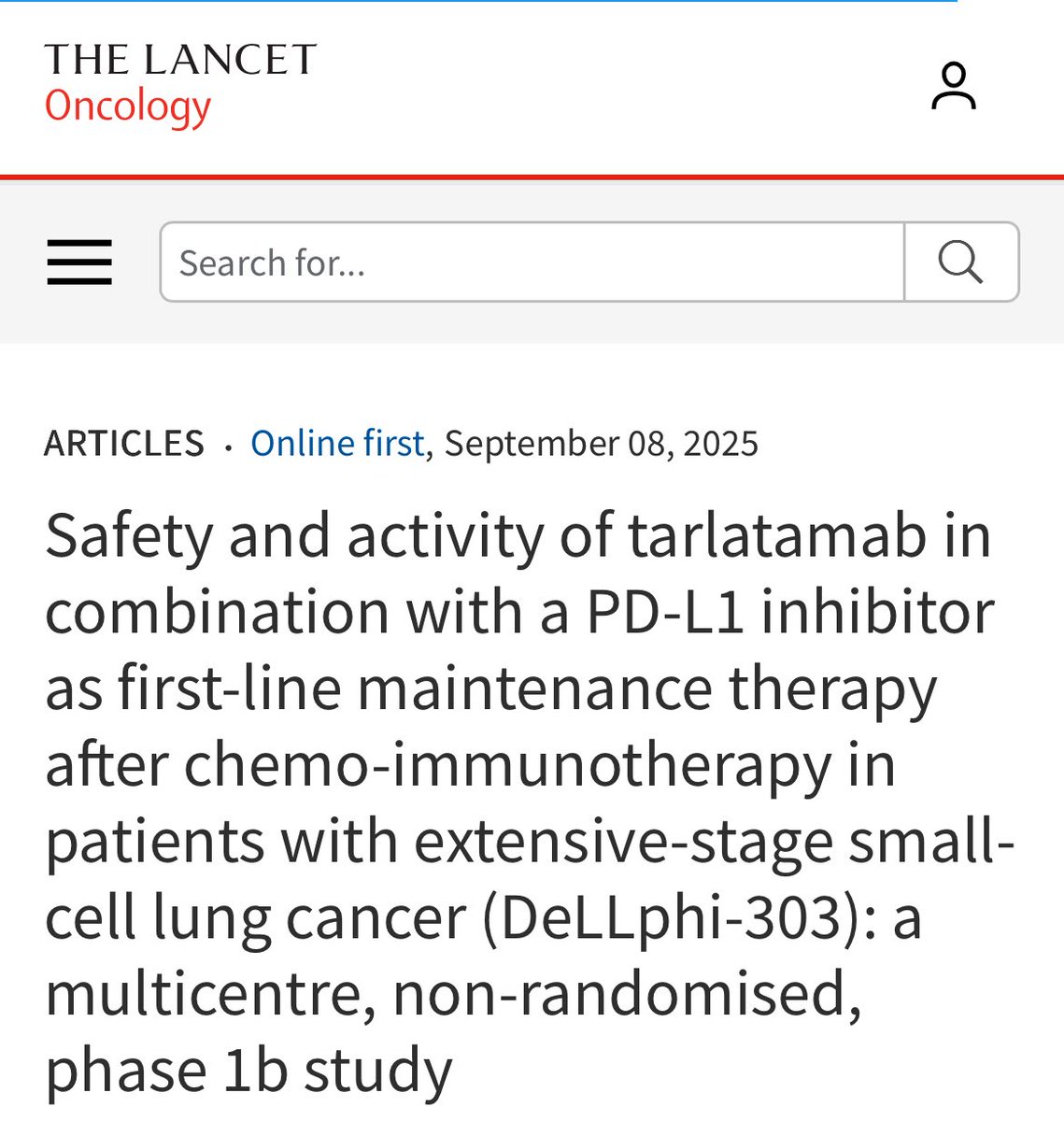 RManochakian's tweet photo. 🔥🚨@OncoAlert HOT OFF THE PRESS.

Just published @TheLancetOncol 
In conjunction with presentation @IASLC #WCLC25

 Impressive Results of:

⭐️#DeLLphi303: Phase 1b trial of: 

#Tarlatamab + anti-PD-L1 as #maintenance Tx after 1st line Chemo/IO in ES #SmallCell #LungCancer (#SCLC) 

✅#mOS 25.3 mo 
(from start of maintenance)

✅#Toxicity Profile: As expected.

📈Randomized Phase 3 #DeLLphi305 is ongoing.

👇🏻Link to published paper:
https://t.co/Q8hSr7dvpQ