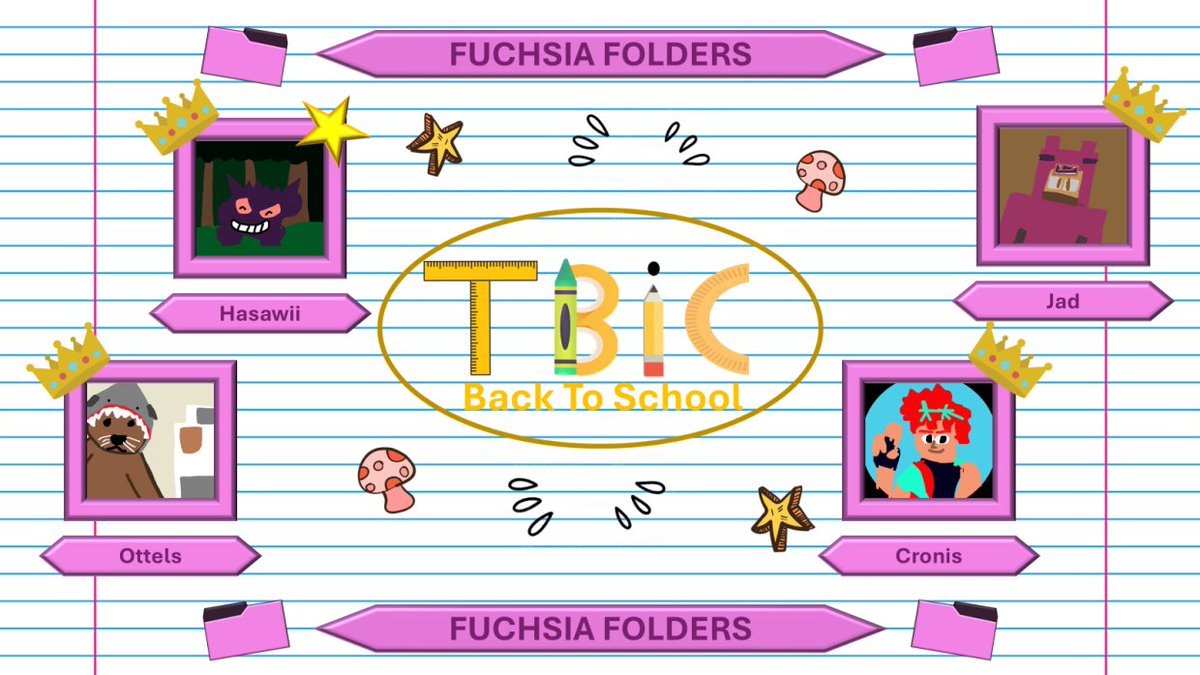 Announcing the Fuchsia Folders!

<a href="/ottels_/">ottels</a>, Hasawii, <a href="/TheRealCronis/">Cronis</a>, &amp; jad60aj!

Watch them compete in TBIC: Back to School on Saturday, September 13th, at 1pm EST!