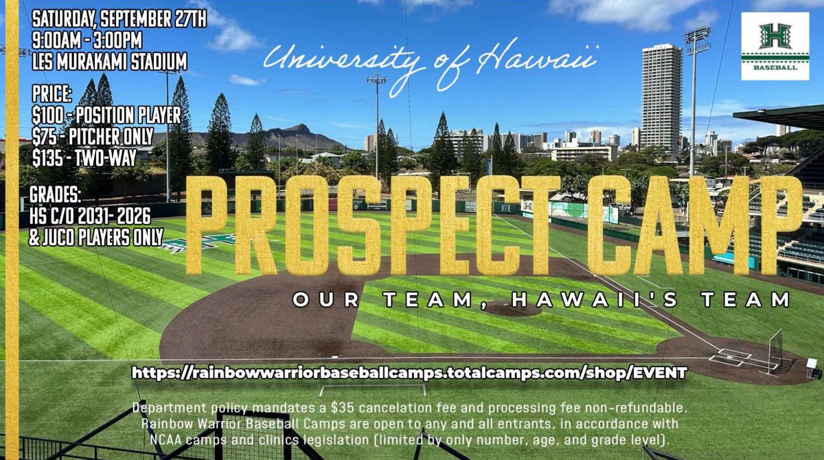 OUR TEAM. HAWAI‘I’S TEAM

Great Opportunity to compete in front of our staff at The Les! Sept.27th 

▫️Les Murakami Stadium 🌴🌈🏟️
▫️4,300 seats, 2000 standing 
▫️11 Straight Saturday Games Sold Out
▫️Manoa Magic ⚡️
▫️Elite Game Day Experience 
▫️Proven Portal Success/Development