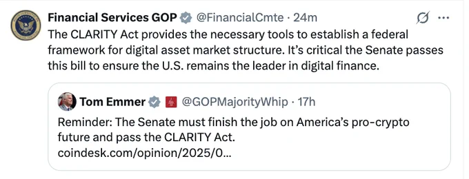 🔴COINDESK : Il GOP chiede al Senato di approvare il CLARITY Act per mantenere gli Stati Uniti leader nella finanza digitale