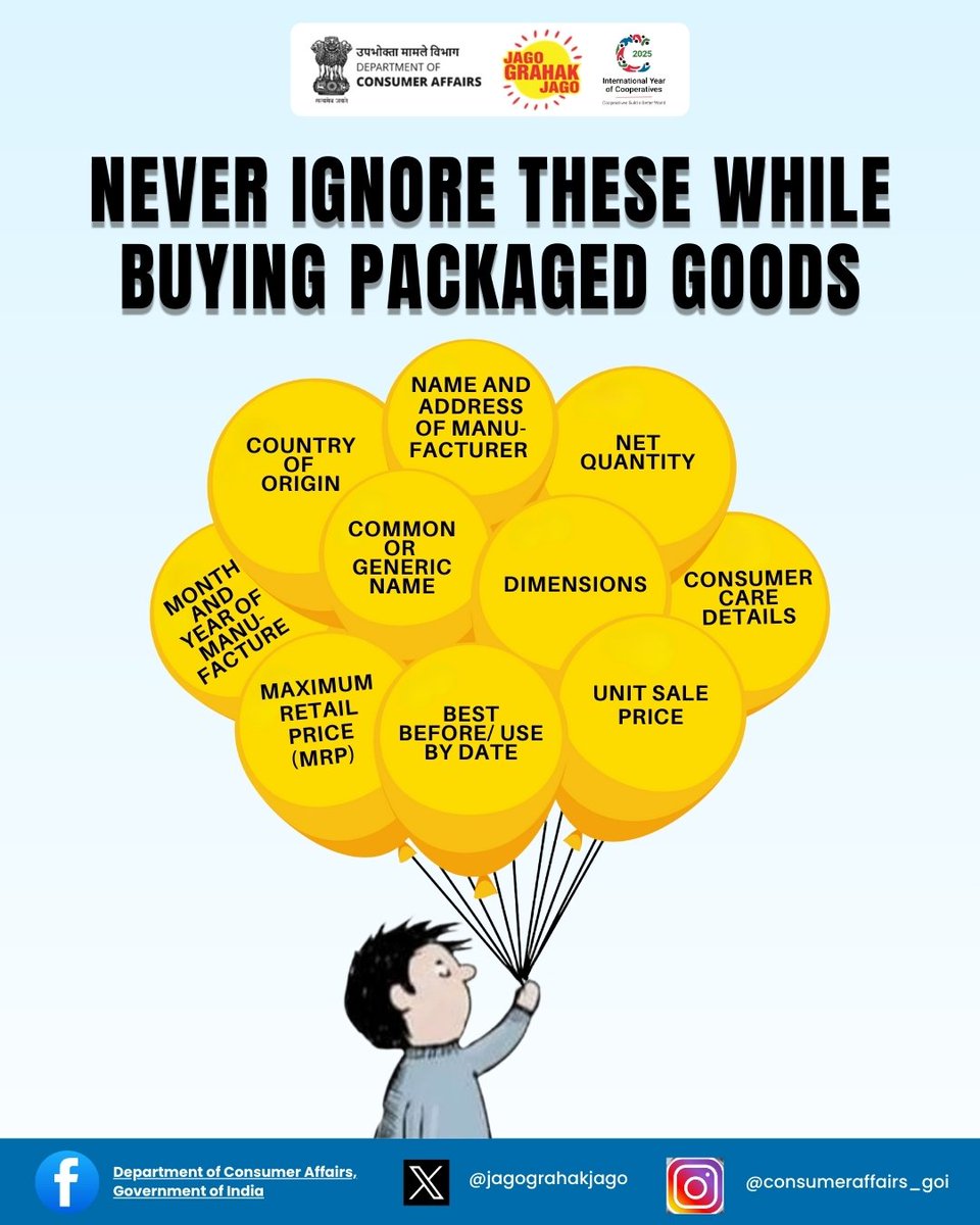 drmsbc's tweet image. As per the Legal Metrology Packaged Commodities Rules 2011, every packaged product must carry 10 mandatory declarations. It is your right to check them. Smart consumers don’t just buy, they verify. #LegalMetrology #PackagedCommodity #JagoGrahakJago #ConsumerRights #NCH1915