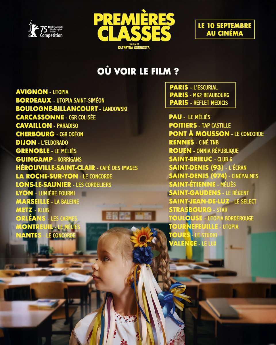 Découvrez vite la liste des cinémas où voir 𝗣𝗥𝗘𝗠𝗜𝗘̀𝗥𝗘𝗦 𝗖𝗟𝗔𝗦𝗦𝗘𝗦, film réalisé par Kateryna Gornostai.

“Un bouleversant documentaire ukrainien qui dresse le portrait de ce pays à travers le regard de ses enfants." <a href="/nytimes/">The New York Times</a>

𝐂𝐞 𝐦𝐞𝐫𝐜𝐫𝐞𝐝𝐢 𝐚𝐮 𝐜𝐢𝐧𝐞́𝐦𝐚.