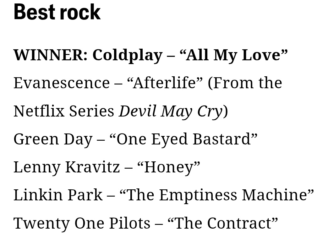 SteveHef's tweet photo. When you look at the nominees for, best rock, at the #VMAs , Coldplay was the obvious choice to win.
#NotRock
#RockIsNotDEAD https://t.co/B9jmRKsXUB