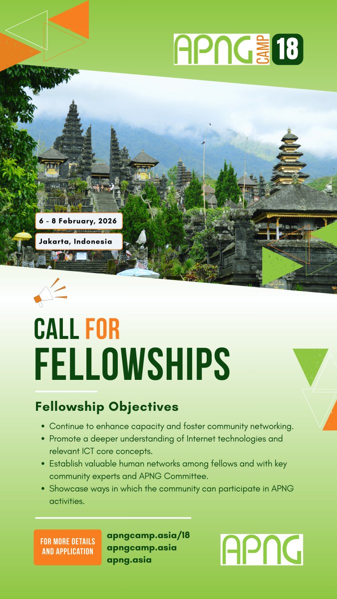 📚 🎓 Apply now for the 18th APNG Camp: Call for Fellowships &amp; Papers!

📅 6–8 February 2026
📍Jakarta, Indonesia
⏰ Apply by 30 September 2025

apngcamp.asia/18
apngcamp.asia
apng.asia

#APNGCamp18 #APNGFellowship #InternetCommunity #AsiaPacific