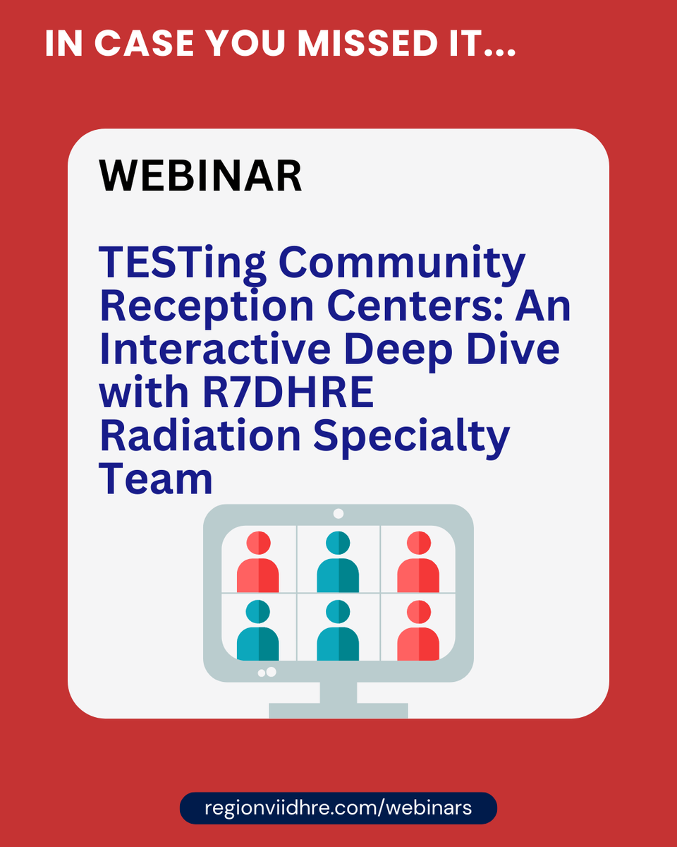 👉IN CASE YOU MISSED IT...

If you missed our R7DHRE Preparedness Webinar "TESTing Community Reception Centers: An Interactive Deep Dive with R7DHRE Radiation Specialty Team", the recording is now available to view on our website. 

Click here: bit.ly/3VEqjxT