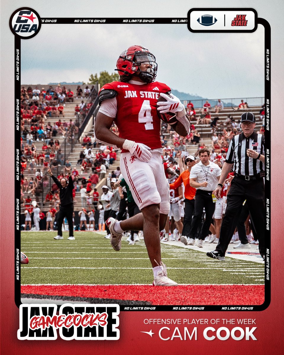 Conference USA (@conferenceusa) on Twitter photo ๐ OFFENSIVE PLAYER OF THE WEEK ๐
๐
1โฃ Cam Cook, <a href="/JaxStateFB/">Jax State Football</a>
#NoLimitsOnUs | bit.ly/3VreUlf ๐ OFFENSIVE PLAYER OF THE WEEK ๐
๐
1โฃ Cam Cook, <a href="/JaxStateFB/">Jax State Football</a>
#NoLimitsOnUs | bit.ly/3VreUlf