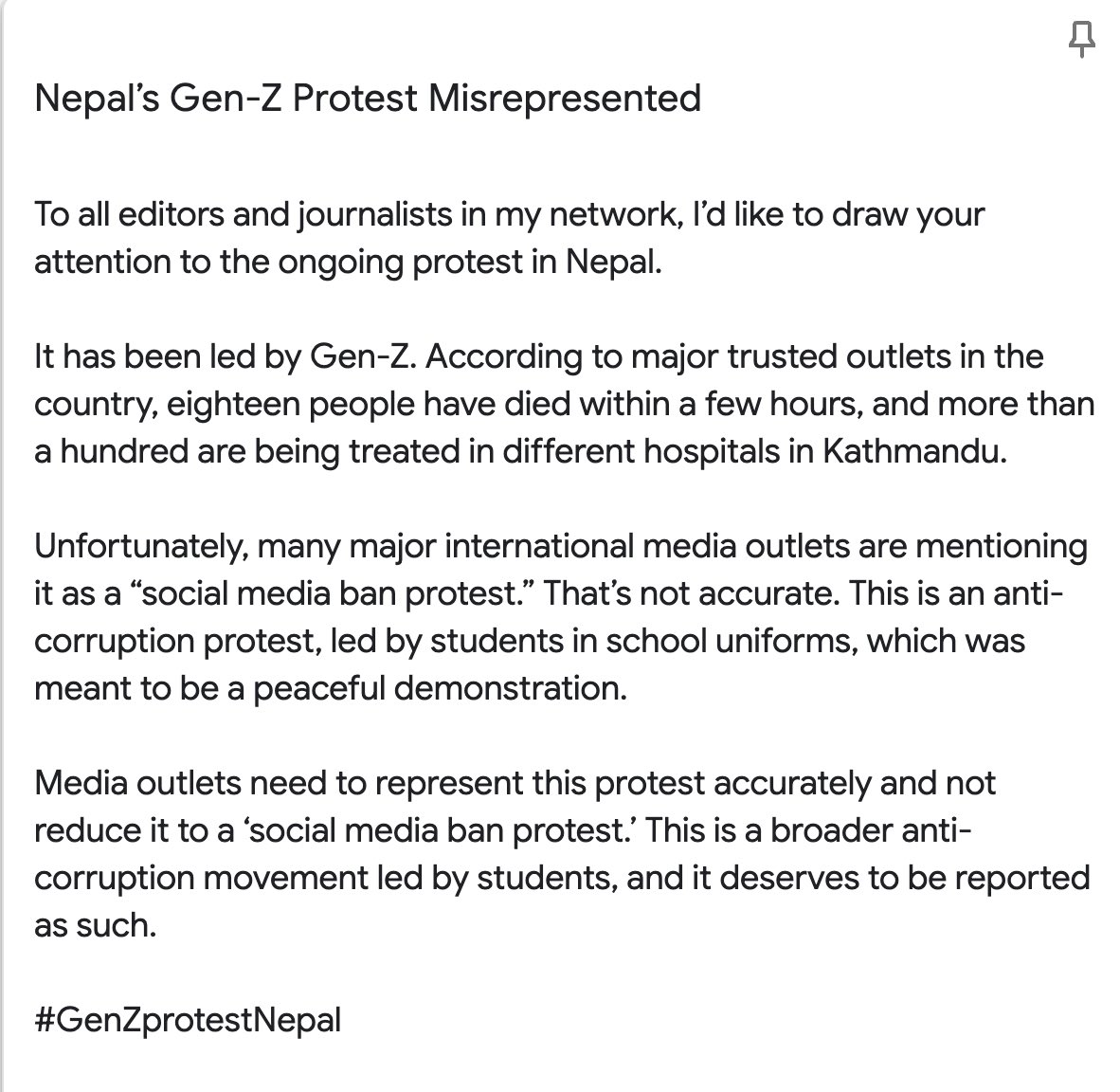 iambpj's tweet photo. यो आन्दोलन विशुद्ध Gen-Z पुस्ताको हो। हामी Millennials ले पनि दिने नैतिक समर्थन हो। नेतृत्व Gen-Z कै रहोस्। कसैको राजनीति सेक्ने अवसर नबनोस्।

हामी दल भित्र लागेकालाई पनि यो पाठ हो। हामी राजनीतिमा सुधार चाहने समूहले समय नबुझे समयले हामीलाइ छोडेर हिड्छ भन्ने बुझ्नु पर्ने छ https://t.co/W2T2TtGtZ0