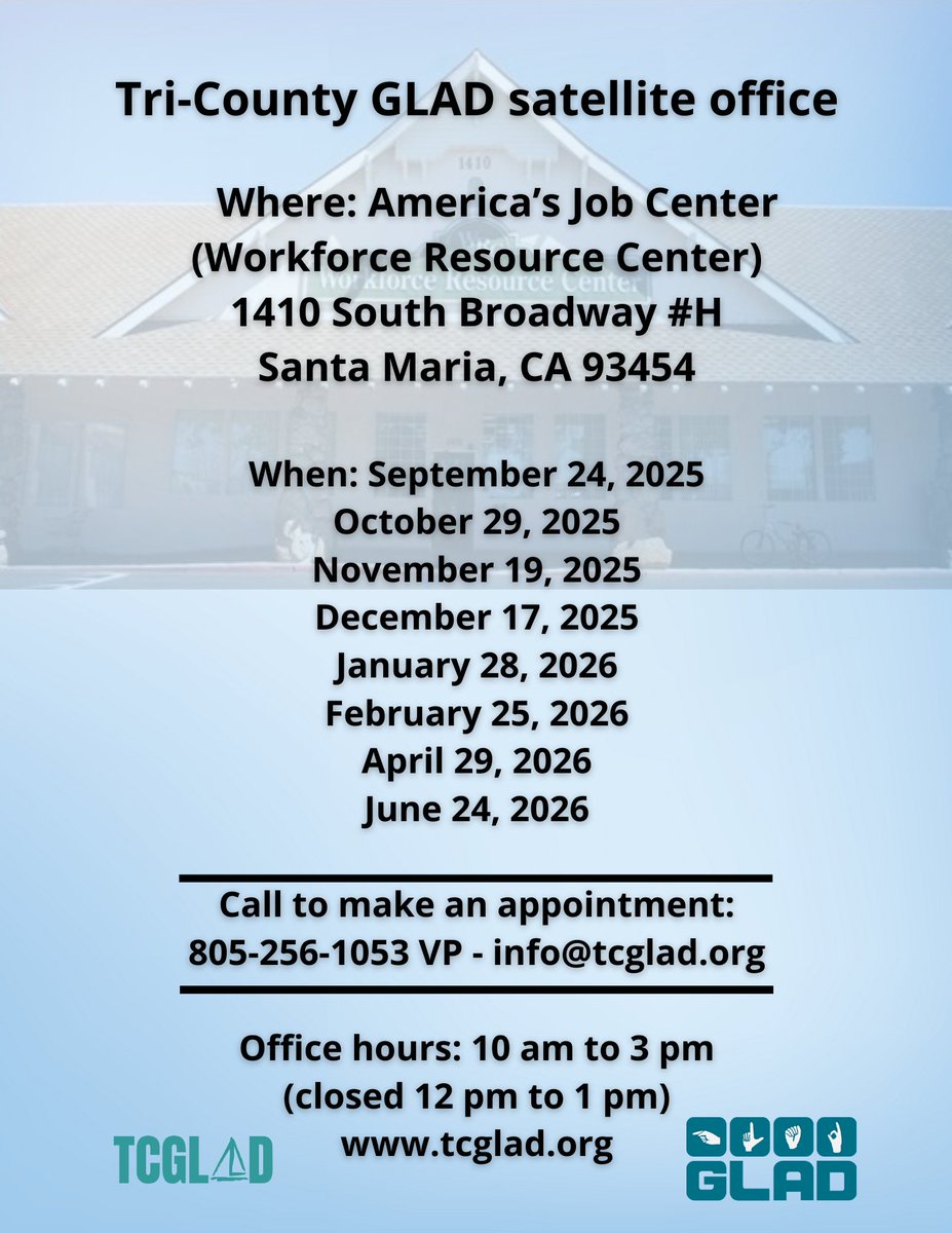 📢 Tri-County GLAD Satellite Office – Santa Maria

📍 Where:
America’s Job Center (Workforce Resource Center)
1410 South Broadway #H
Santa Maria, CA 93454

📞 Call to make an appointment:
VP: 805-256-1053
📧 info@tcglad.org

🌐 tcglad.org