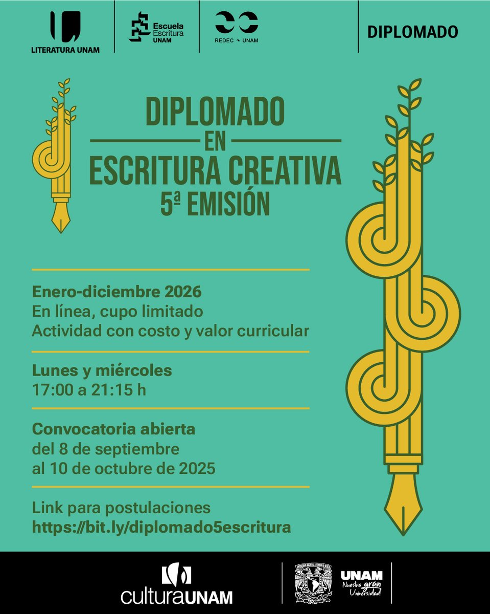 ¡La espera terminó! ✍️ La convocatoria para la 5ª emisión del Diplomado en Escritura Creativa de la Escuela de Escritura de la UNAM ya está abierta. 

➡️Revisa la convocatoria completa en literatura.unam.mx⬅️

📍Postúlate en bit.ly/diplomado5escr…🔗