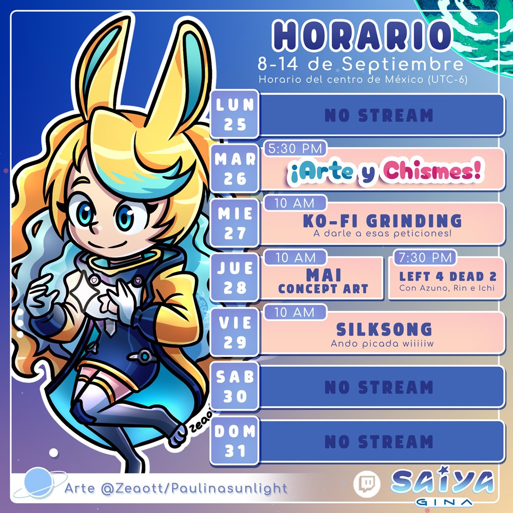 ⭐Nueva semana, nuevo horario⭐ Septiembre 8-14

Más streams mañaneros esta semana! Para darle a las peticiones de ko-fi, diseño de personaje y relajación con Silksong . A Azuno y a mi se nos antojó mucho jugar L4D2 con mods de Uma Musume! 

Arte por <a href="/zeaott/">Zeaott 🌱 Open Commissions!!</a>