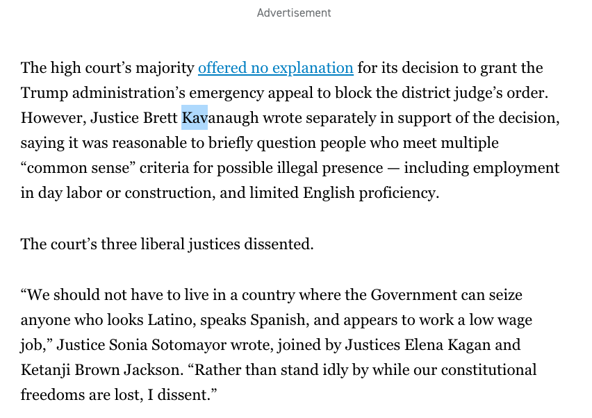 Kavanaugh's decision is just him defending racial profiling