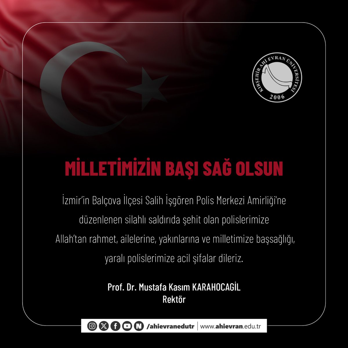 İzmir Balçova’daki menfur saldırıda şehit olan Emniyet Müdürümüz Muhsin Aydemir ve Polis Memurumuz Hasan Akın’a Allah’tan rahmet, yaralı polislerimize acil şifalar diliyorum.
Şehitlerimizin ailelerine ve emniyet teşkilatımıza sabır diliyorum. Milletimizin başı sağ olsun. 🇹🇷
