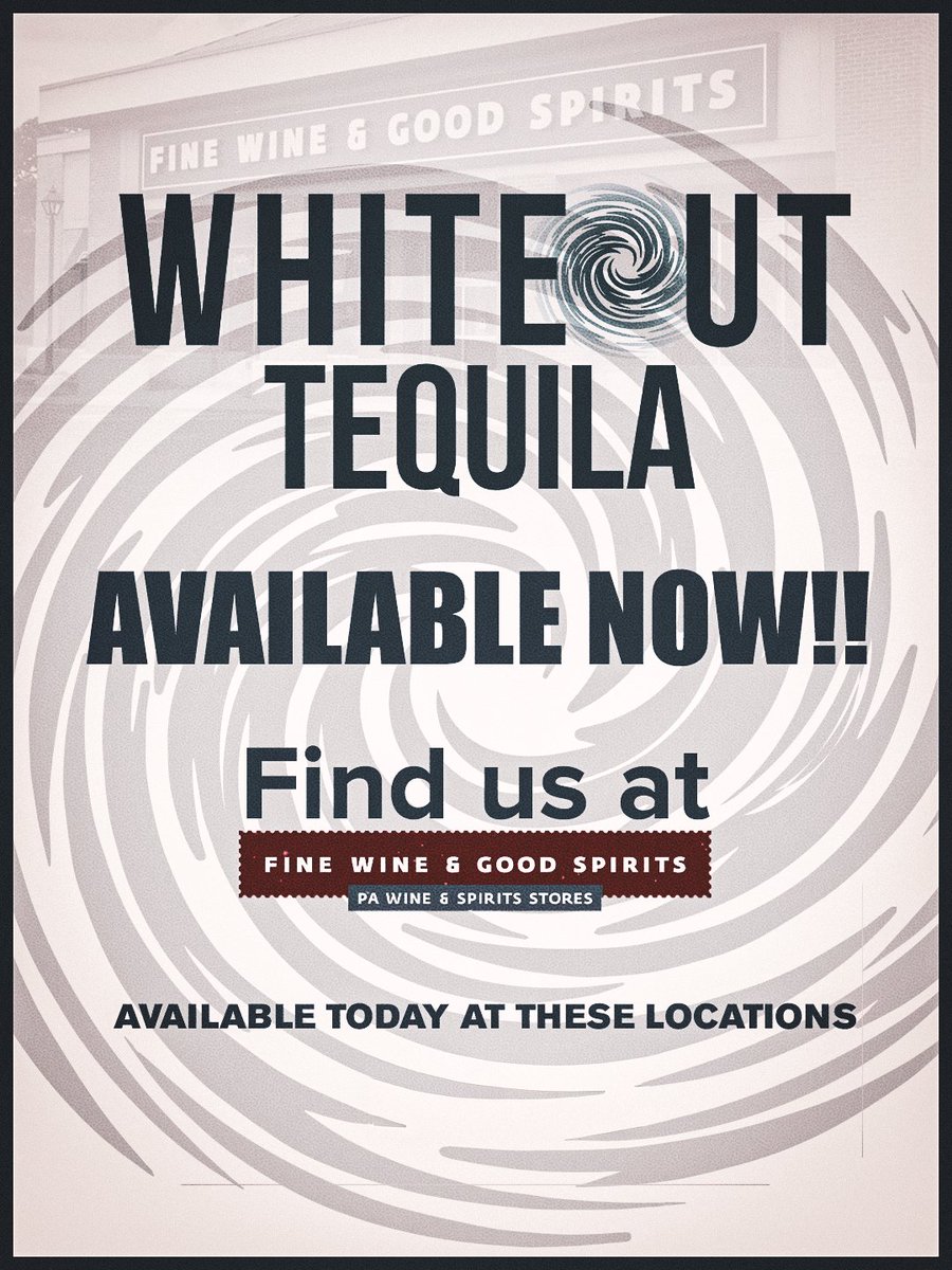 📍 Whiteout Tequila is officially on the shelves at 16 <a href="/PAWineSpirits/">FineWine&GoodSpirits</a> locations across Pennsylvania!

PA Fine Wine &amp; Good Spirits Locations:

HAMILTON SQUARE
230 WEST HAMILTON AVENUE
STATE COLLEGE, PA

N. ATHERTON
1536 NORTH ATHERTON STREET
STATE COLLEGE, PA

TYRONE
1260