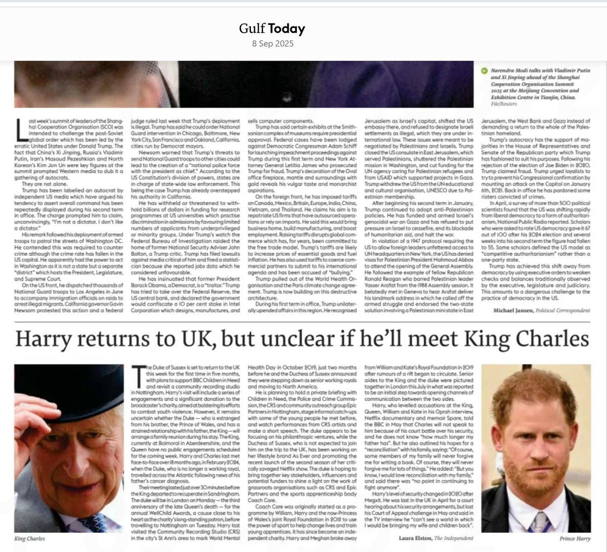 Ahead of #PrinceHarry's arrival in the UK,the Gulf Times -  a United Arab Emirates newspaper -  wondered if he would meet up with #KingCharles