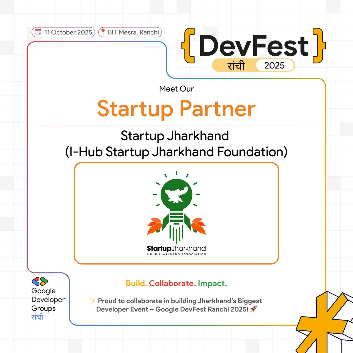 gdgrnc's tweet image. 🚀 Startups fuel innovation!
Proud to announce Startup Jharkhand (I-Hub Startup Jharkhand Foundation) as our Startup Partner at Google #DevFestRanchi 2025.
@GDGIndia
@GoogleIndia
Let’s empower the next wave of entrepreneurs!

#DevFest #StartupPartner #GDGRanchi