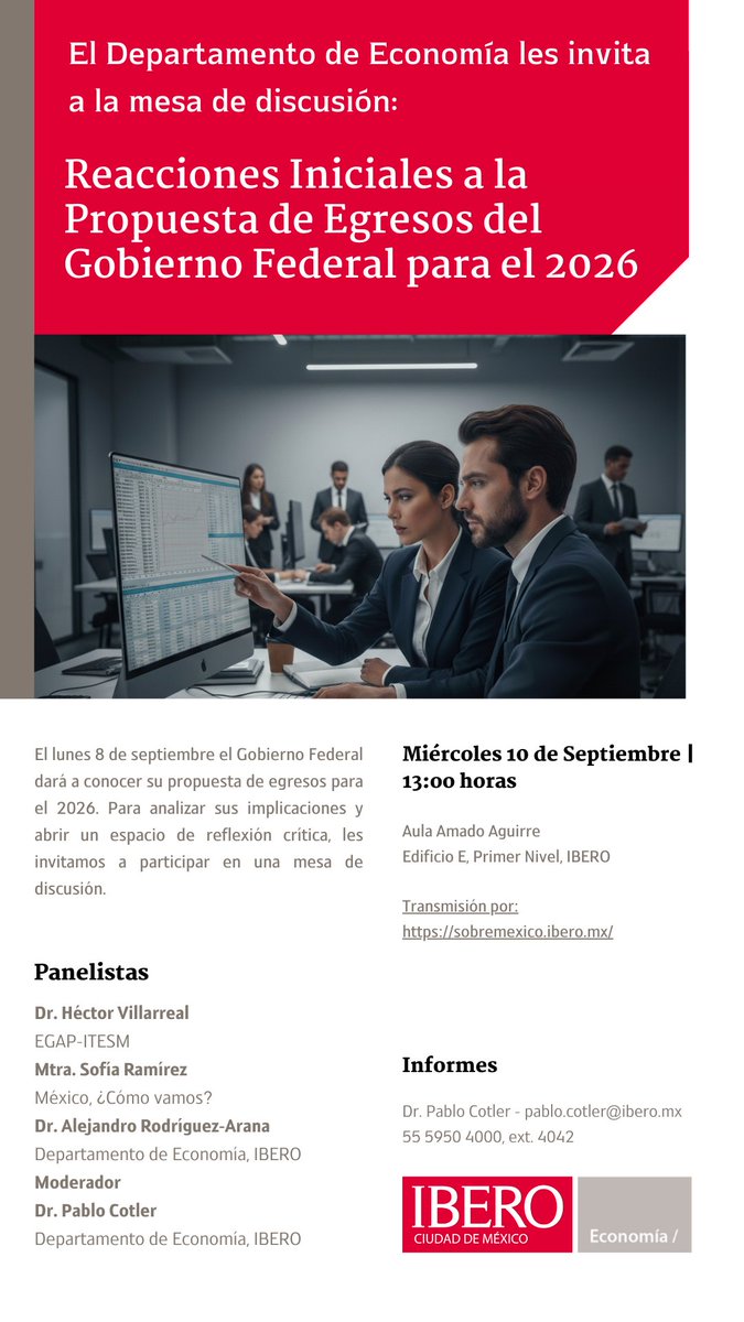 ibero_economia's tweet photo. 🚨Conversatorio🚨

¿Quieres entender los gastos del gobierno federal?

¡Vamos a analizar su propuesta!

Participan Héctor Villareal (@EGobiernoyTP ), Sofía Ramírez (@MexicoComoVamos) y Alejandro Rodríguez Arana.

📆10 septiembre
🕥13:00
📍Aula Amado Aguirre

#EconMéxico #IBERO https://t.co/6NYwUgKE5E