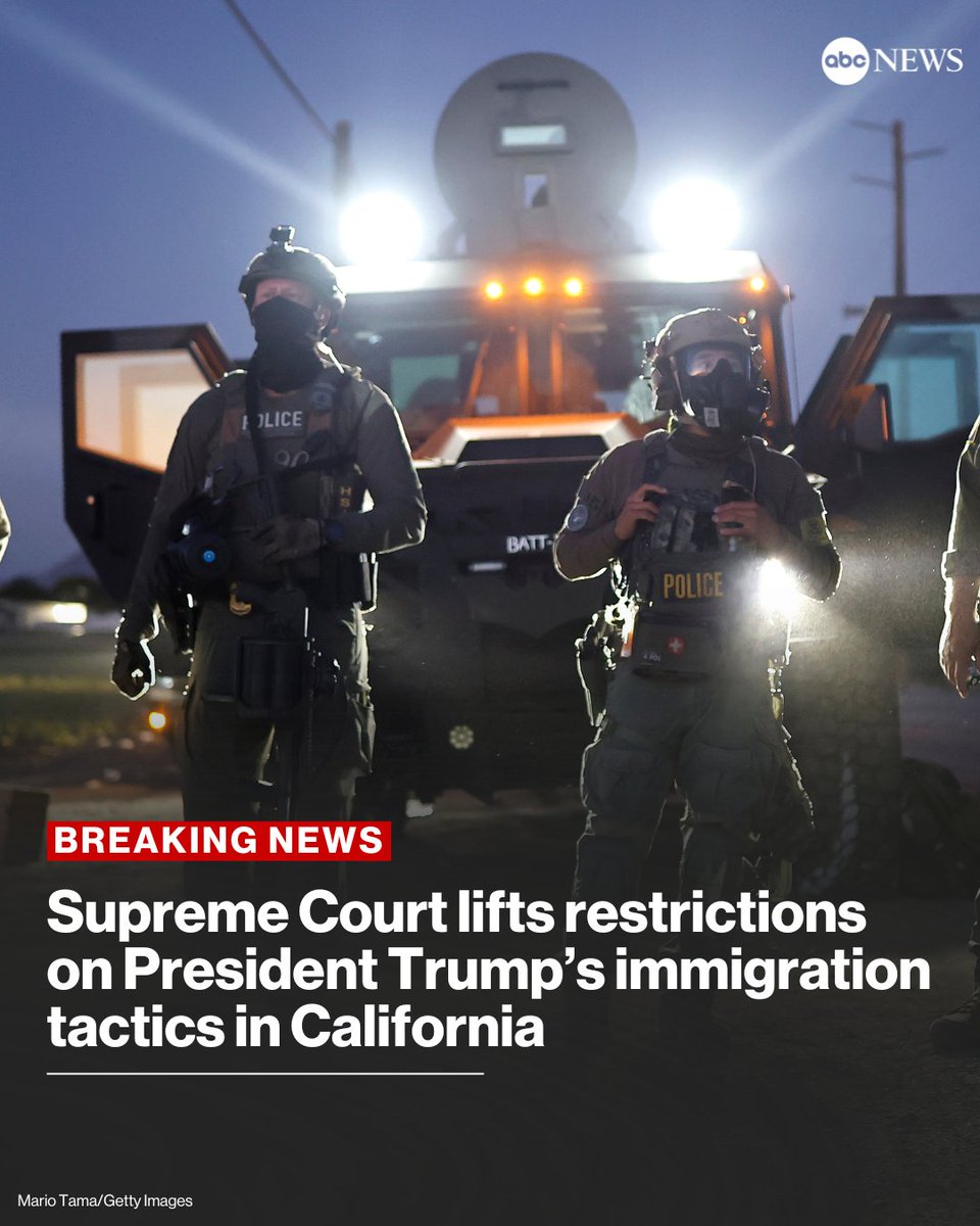 BREAKING: The Supreme Court has lifted restrictions against aggressive immigration enforcement tactics by federal agents in central California that had been challenged by critics as unconstitutional racial profiling.

Read more: abcnews.link/ONhq5Oj
