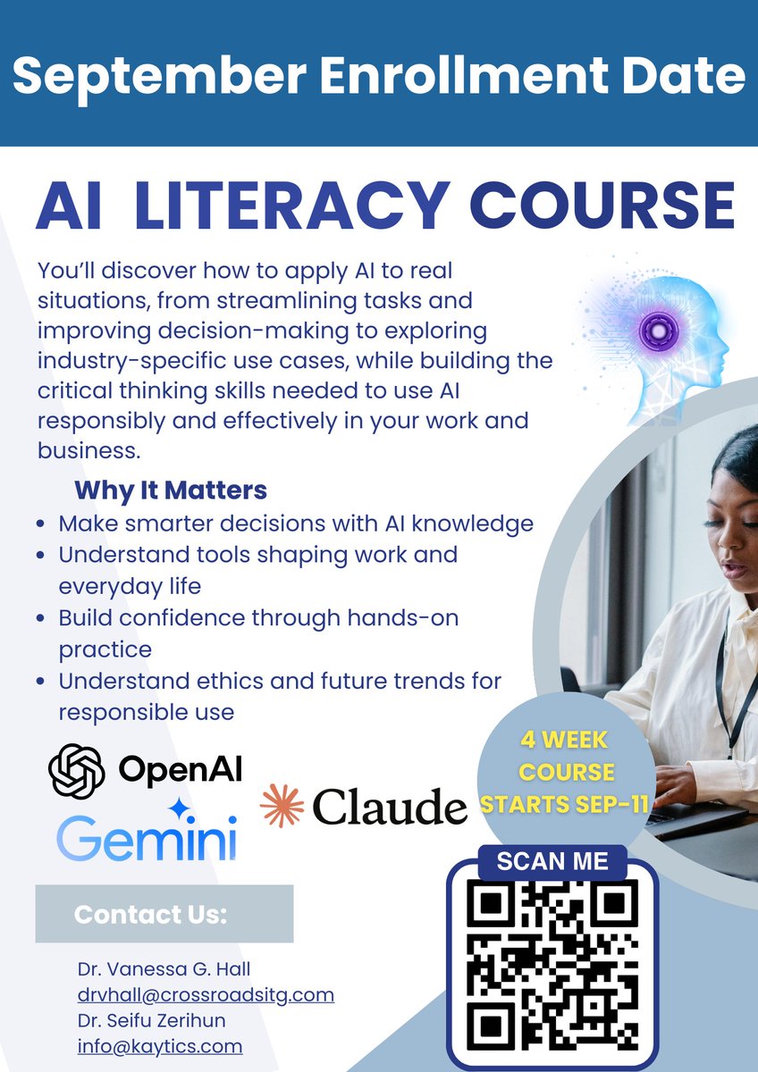 📅 September Enrollment is now open
⏳ 4-week course starting September 11
Learn more about how you can use AI with confidence in your work and business.
#AI #AILiteracy #FutureOfWork  #ProfessionalDevelopment