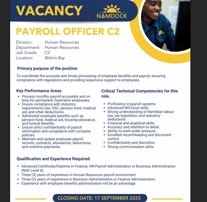 JobOppsNamibia's tweet photo. 🚢 Exciting Career Opportunities at NAMDOCK! 🚢

We’re hiring passionate and skilled professionals to join our dynamic team in Walvis Bay, Namibia. 

👉 Don’t miss out – your next opportunity starts here.
#Namdock #Hiring #JobOpportunity #WalvisBay #NamibiaJobs #CareerGrowth https://t.co/8fHTxgXJ9F