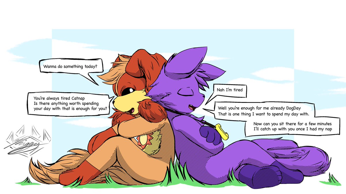 It’s probably been a while since I drew Catnap and DogDay so here is a drawing of them sitting and spending their day together except when Catnap is tired. 

🧡💜
#catnap #dogday #SmilingCritters