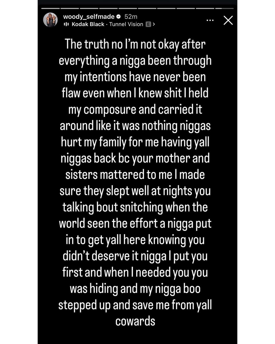 Akademiks's tweet photo. Never thought I’d see a street n*gga start a post saying “NO IM NOT OKAY”. Hell nawwww.. The judge should have sentenced the whole YSL to group therapy. Have them pay a billion dollars to Atlanta for their bs destruction of the community but I never seen mental trauma like dis ! Thug hurt n crying , gunna giving silent treatment … woody confused hurt and regretting… n the rest of them doing life . Smh. Causalities of the street life I suppose