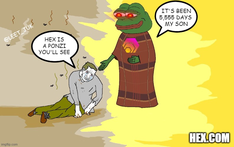 Just another 3,448 days to go for $HEX $eHEX to reach 5,555 days of FLAWLESS OPERATION, and this meme will turn into a $1,000,000 NFT🤣

HEX already has 2,107 days without any hacks, bugs, exploits, or downtime EVER!!!👑💯💪

Keep calling it scam retards🤡📈