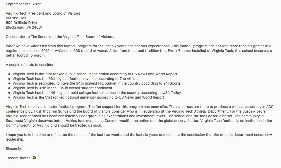 Open Letter to Tim Sands and the Virginia Tech Board of Visitors