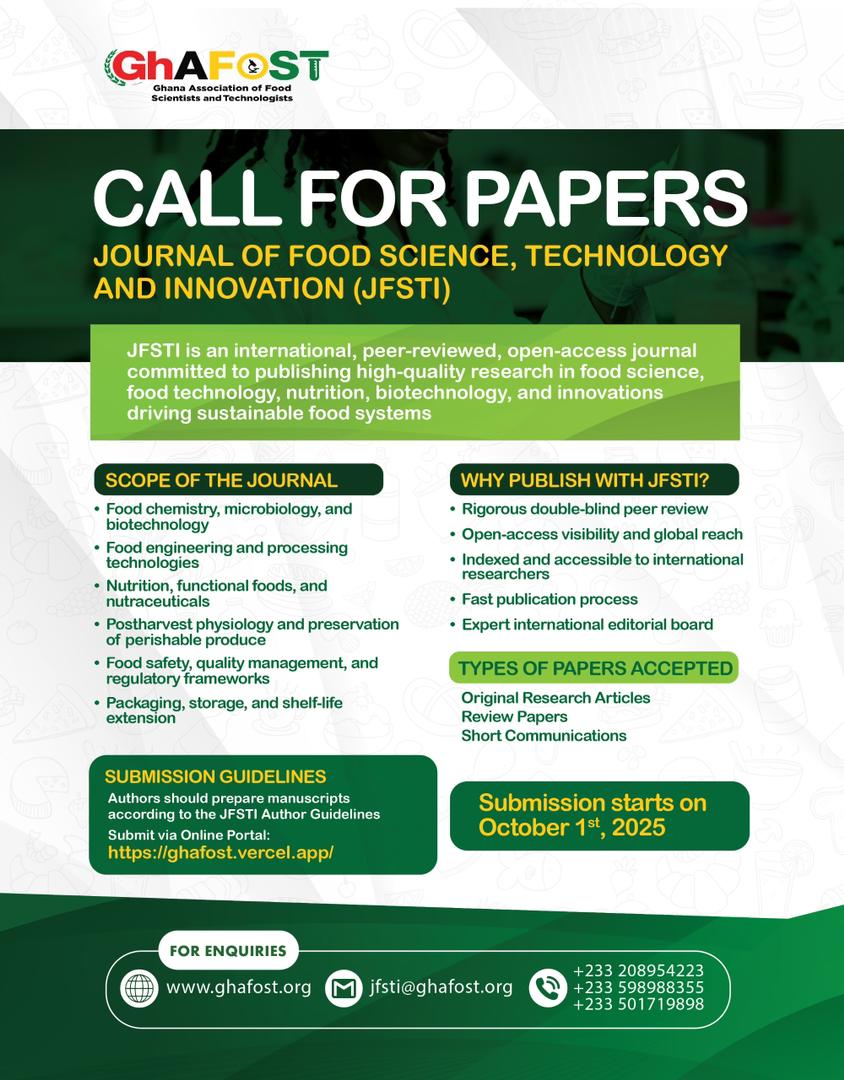 *Call for Papers*

The Journal of Food Science, Technology and Innovation (JFSTI) invites submissions for its First Issue. 

Read more at:
ghafost.org/call-for-paper…