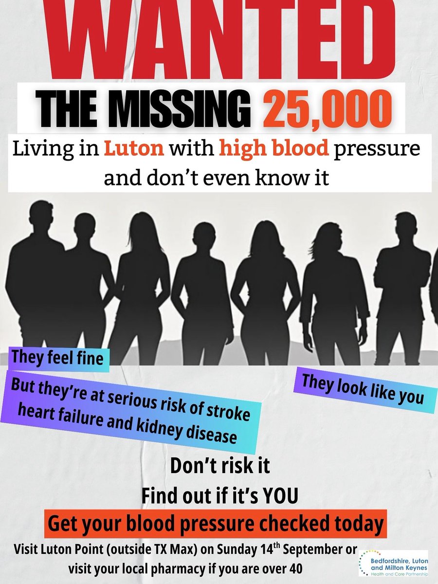 #knowyournumbers
Over 40! Get your BP checked
📆Saturday 14th September
❣️outside TK max- Luton Point
Or visit your local pharmacy