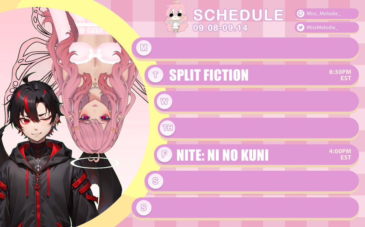 missmelodie_'s tweet image. Sorry we haven't streamed!!! This week we're back, though!

🩷Nite &amp;amp; I will be playing Split Fiction tomorrow at 8:30 PM EST and may switch to REPO or Peak later (which you can join us for)
🩷Nite will be playing more Ni No Kuni: Wrath of the White Witch on Friday at 4PM EST