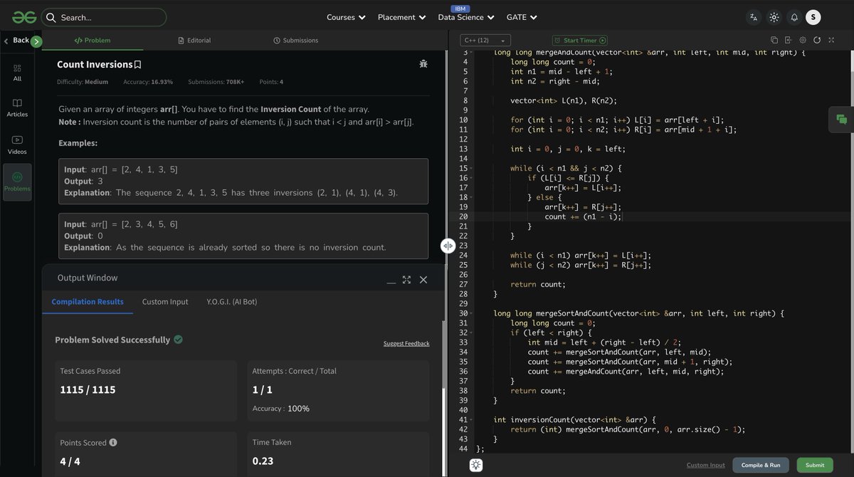 SHUBH_CODE11's tweet photo. Day 22 of #100DaysOfCode
Solved the Inversion Count problem 🔄

Brute Force → O(n²) ❌
Optimized → Merge Sort (O(n log n)) ✅

Counted inversions while merging → Clean &amp; efficient! ⚡

#CPP #DSA #ProblemSolving #gfg160daysofcoding https://t.co/JE2LKCbUPq