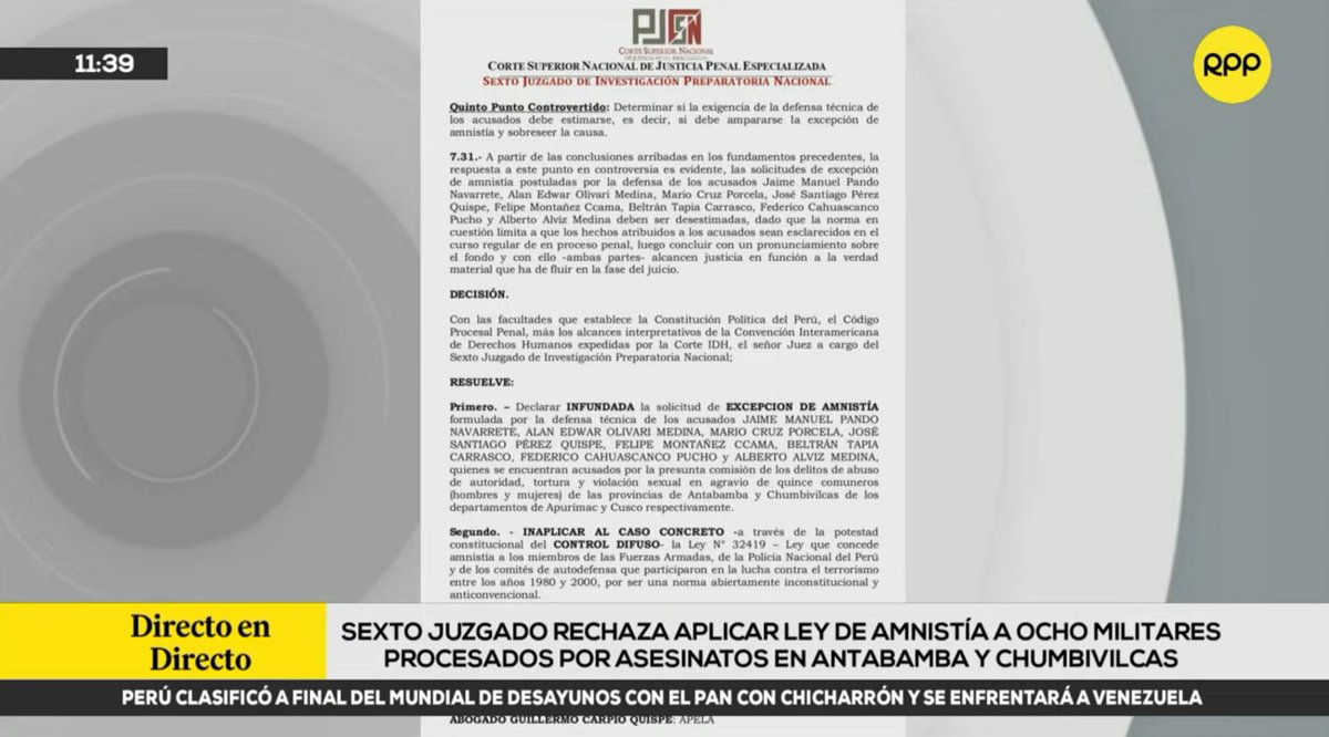 🔴#ATENCIÓN | Poder Judicial rechaza aplicar ley de amnistía a ocho militares procesados por asesinatos en Antabamba y Chumbivilcas.

#EnVivo ► youtube.com/watch?v=bRS4TA…
📻 ► 89.7 FM / 730 AM