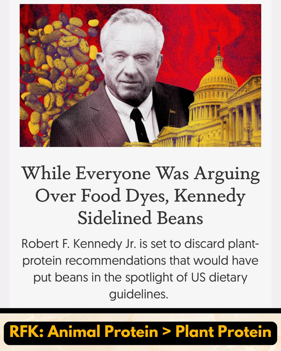 thecarnivorebar's tweet photo. 🚨 JUST IN: RFK Drops Beans, Peas & Lentils From Protein List!

For YEARS our food system was built on loose science & weak epidemiology 🧐 … but new research tells a very different story:

🥩 Animal protein > Plant protein 🌱

Here’s why ⬇️
✅ Animal protein has ALL the essential amino acids
✅ It’s far more bioavailable (your body actually absorbs & uses it)
✅ Builds & repairs 💪 muscles, 🫁 organs, 🧠 brain, & 🩹 skin
✅ Fuels hormones ⚡ enzymes 🔬 immunity 🛡️ & energy 🔋

Meanwhile, “protein” on a plant label ≠ the same thing. Your body can’t put most of it to good use.

✨ New studies even link higher protein intake to longer life, better metabolic health, & stronger immunity.

The message is clear:
🥩🍳🐟🥛 >>> 🫘🌱🌽🌾

⸻

#MeatOverMyth #ProteinPower #AnimalBased #RealFood #HealthTruths