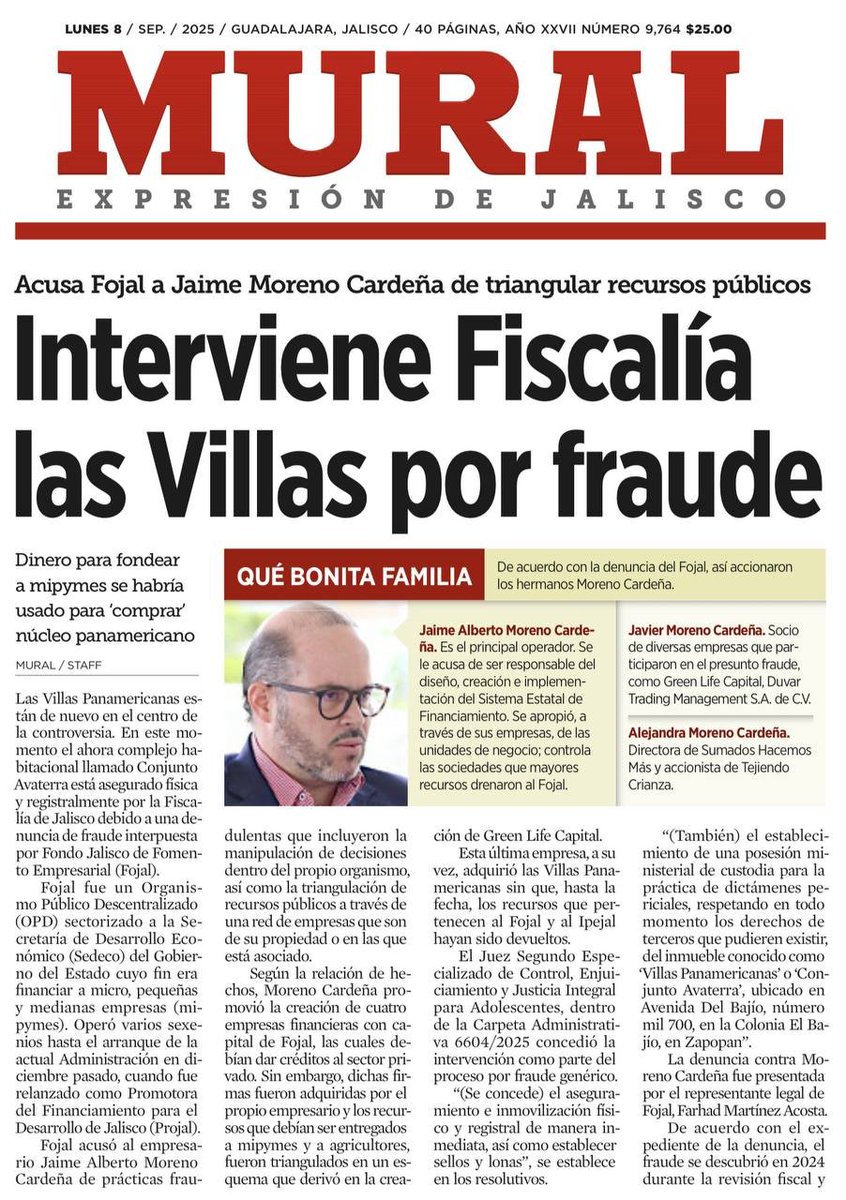🔴 Operador financiero de Morena implicado en fraude millonario 

La Fiscalía de Jalisco aseguró 546 departamentos del complejo Villas Panamericanas (hoy Avaterra) tras destapar un desfalco al FOJAL por más de 150 millones de pesos.

El operador señalado es Jaime Alberto Moreno