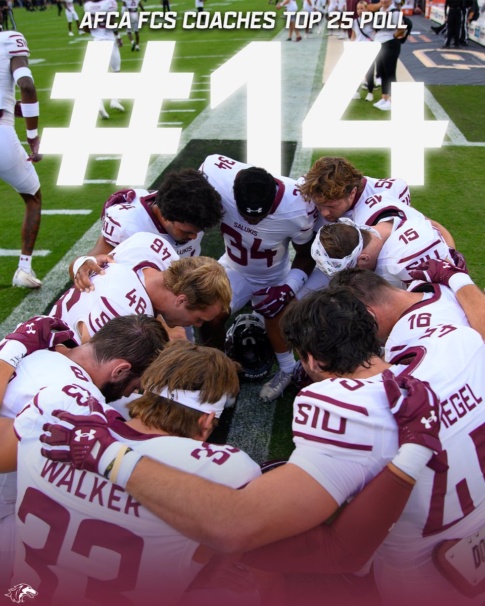 In the latest AFCA FCS Coaches Poll, the Salukis are ranked No. 14 in the nation 🏈

#Salukis | #BuiltFor