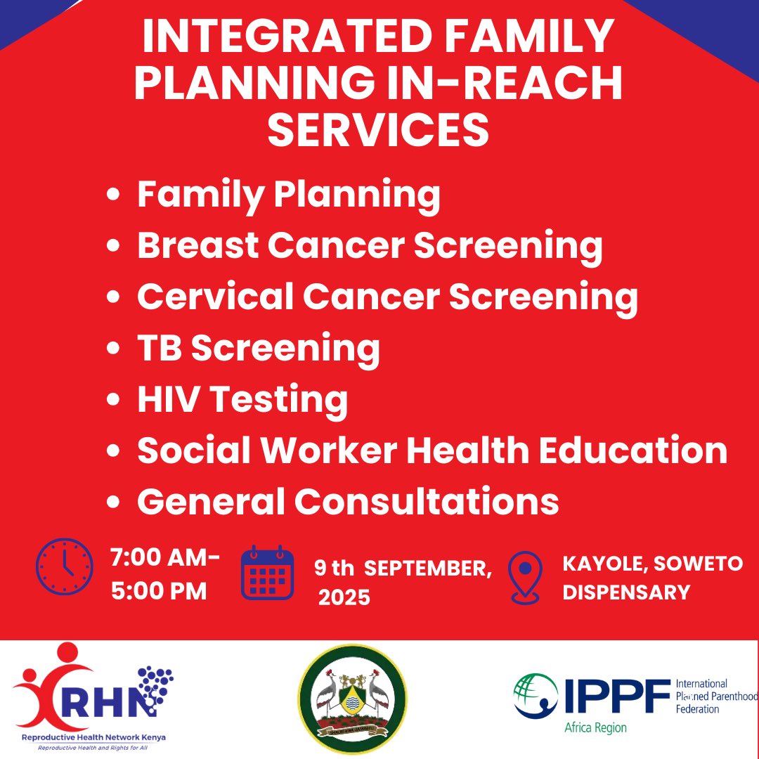 In partnership with the <a href="/NairobiCityGov/">Nairobi City County</a>, this week marks the rollout of integrated family planning in-reach and dialogue sessions across different parts of Nairobi. The initiative begins tomorrow, 9th September 2025 at Kayole, Soweto Dispensary, with activities scheduled to run