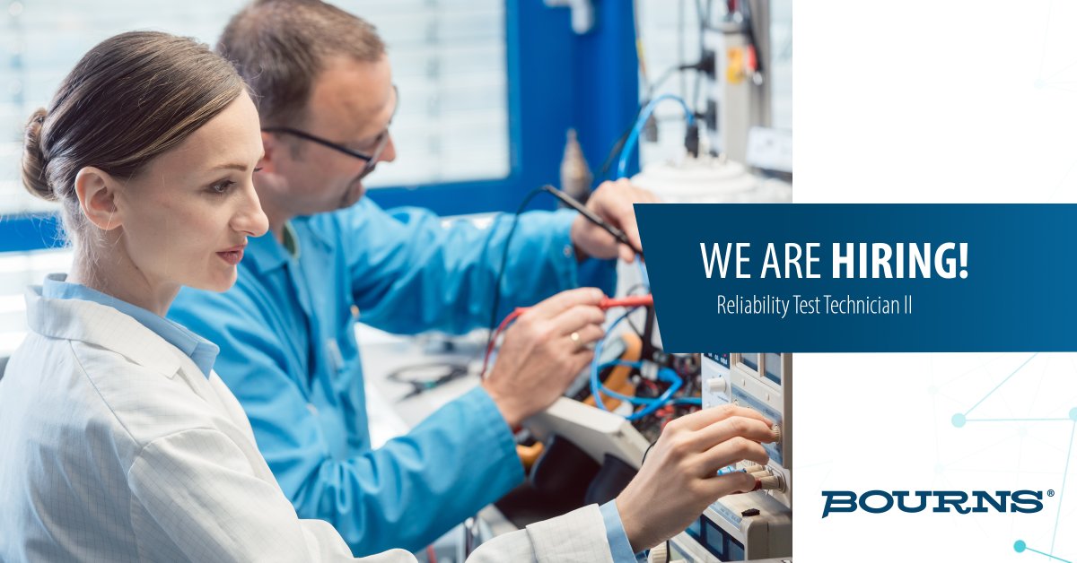 Seeking Reliability Test Technician II with 4+ years experience. Environmental/electrical/mechanical testing, fixture design, programming skills (LabView/Arduino/Python) required. Shape product quality: bourns.co/4nhQarh #TestTech #ElectronicsJobs #NowHiring #bourns