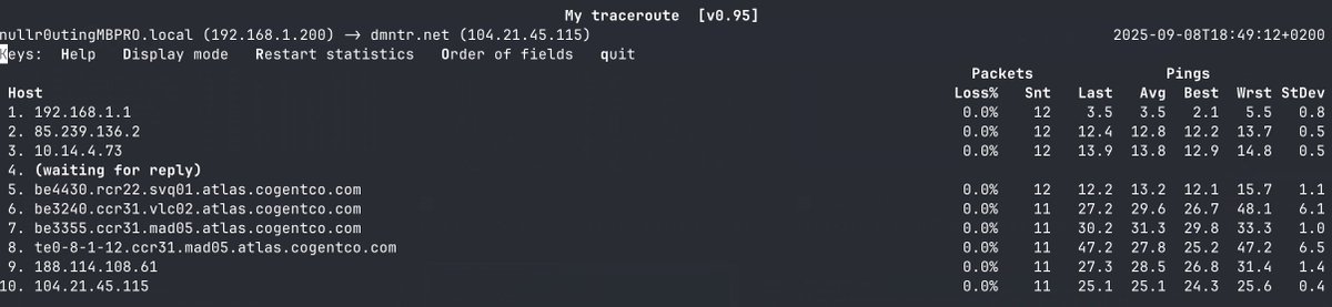 mtr

Traceroute + ping continuo = mtr

Ideal para saber por dónde va (y dónde se rompe) tu tráfico.

Tú ves pérdida en el hop 3.

El de red jura que está todo bien.

Spoiler: no está.

📦 apt install mtr