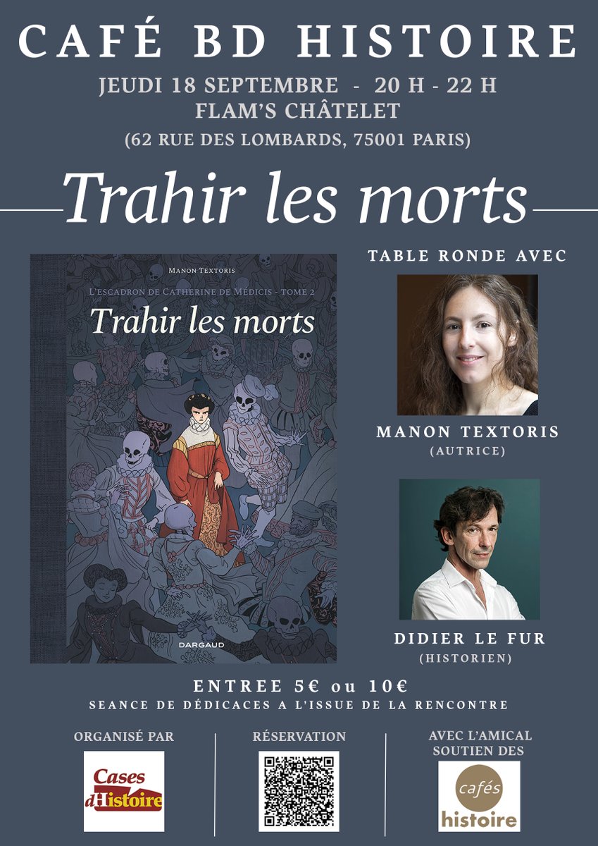 3e café BD Histoire avec Manon Textoris et l'historien Didier Le Fur. Catherine de Médicis, escadron volant, guerres de religion et Saint Barthélémy à travers le diptyque L'Escadron de Catherine de Médicis. Venez nombreux.ses !
➡️helloasso.com/associations/c…
